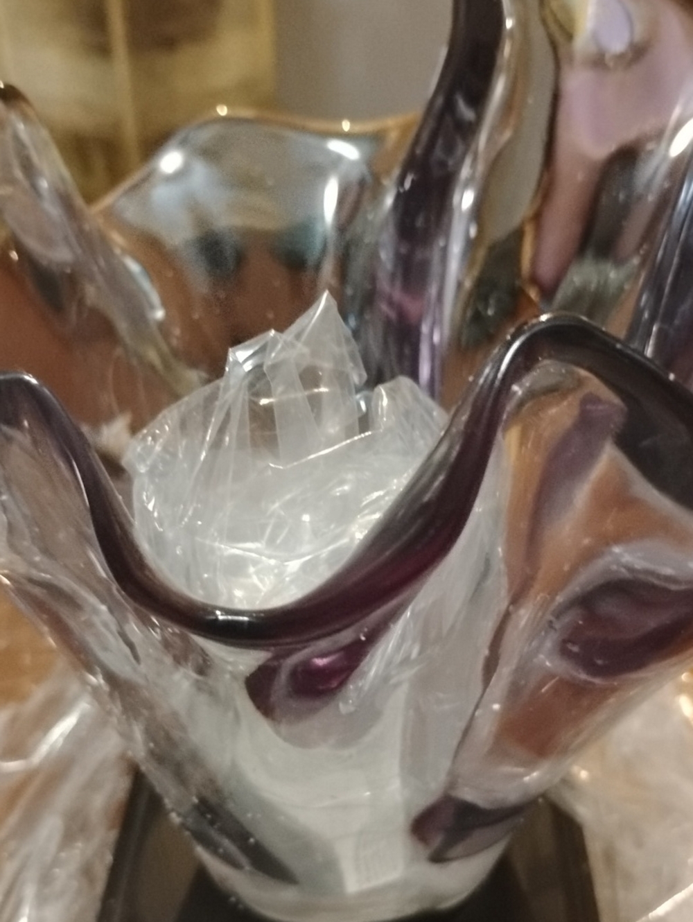 Murano Handblown Glass Vase with Purple and Clear Waves
